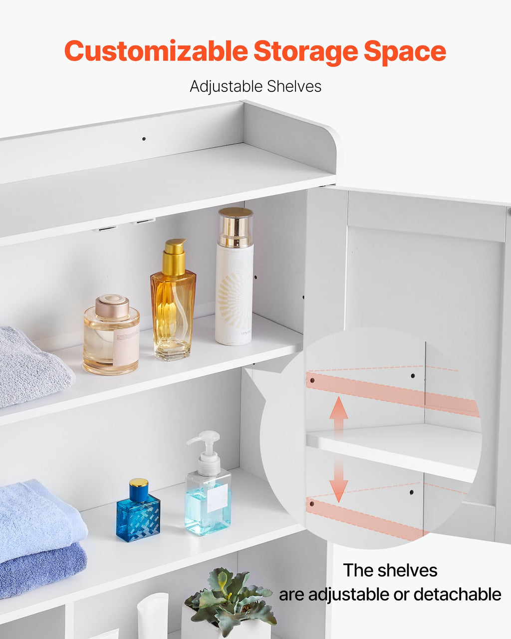 White storage unit with adjustable shelves displaying various items.