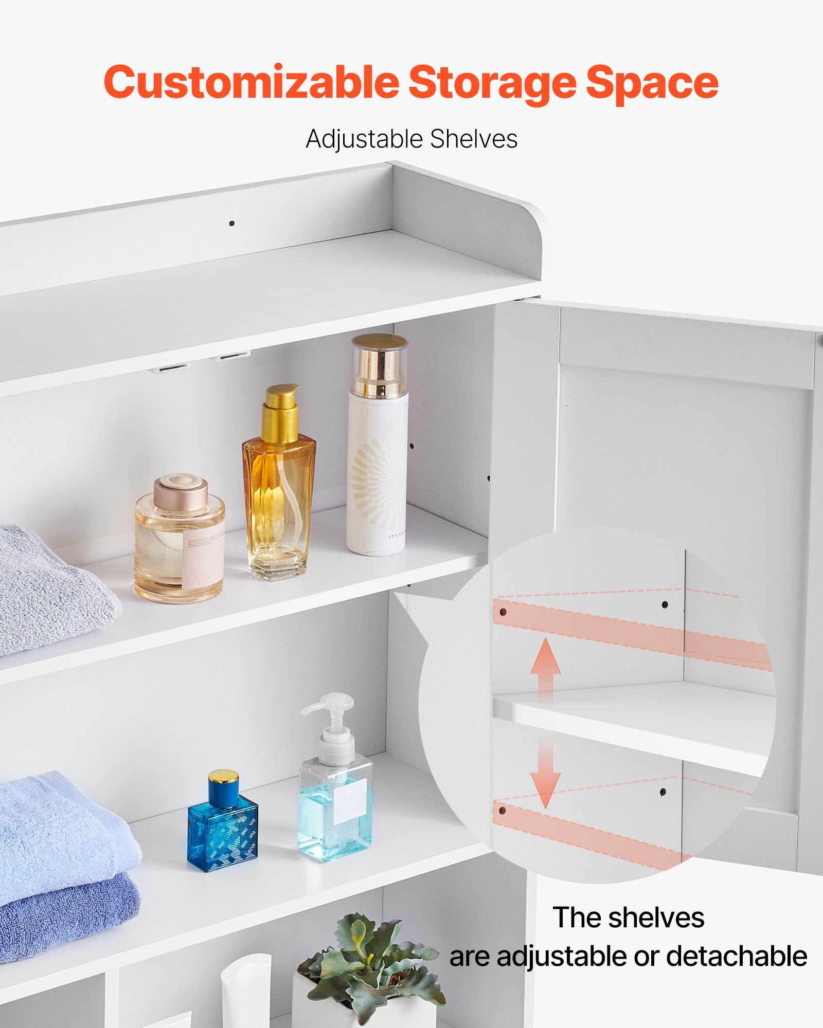 White storage unit with adjustable shelves displaying various items.