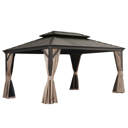12’ x 16’ Hardtop Gazebo – Dual-Layer Galvanized Steel Roof, Drainage System, Curtains & Netting, Brown