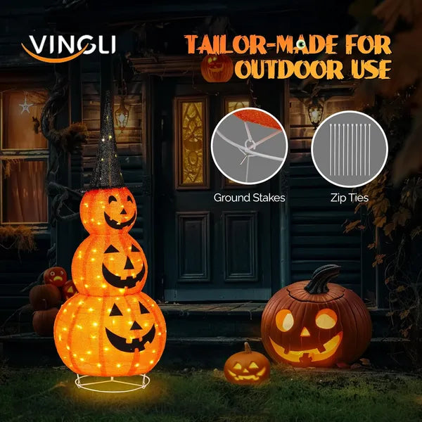 Halloween-themed outdoor decoration with pumpkins and lights, featuring VINGLI branding.