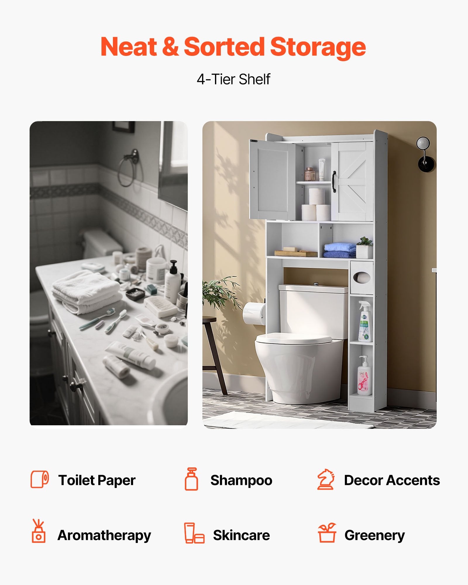 Bathroom organization solution with a 4-tier shelf, before and after images, and product categories listed.