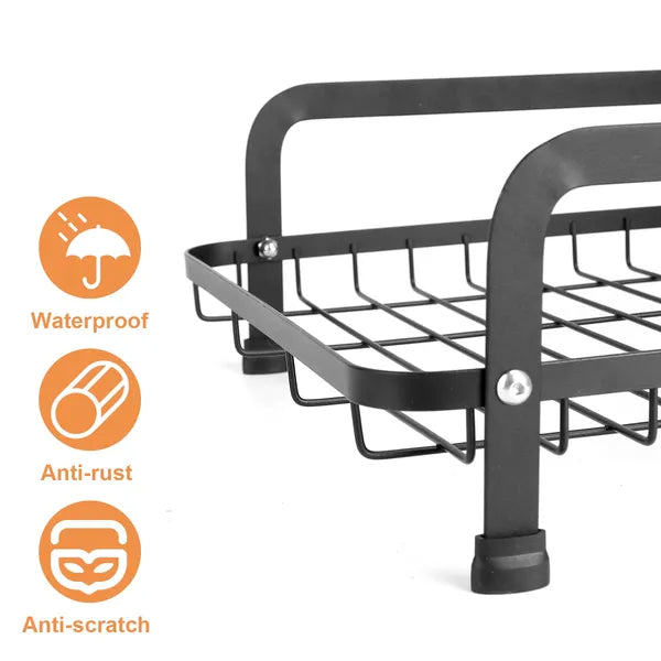Black metal roof rack with waterproof, anti-rust, and anti-scratch icons on a white background