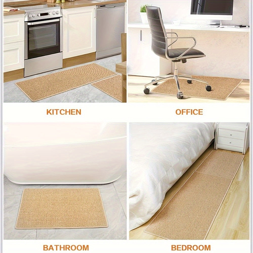 Four different settings with beige mats labeled for kitchen, office, bathroom, and bedroom.