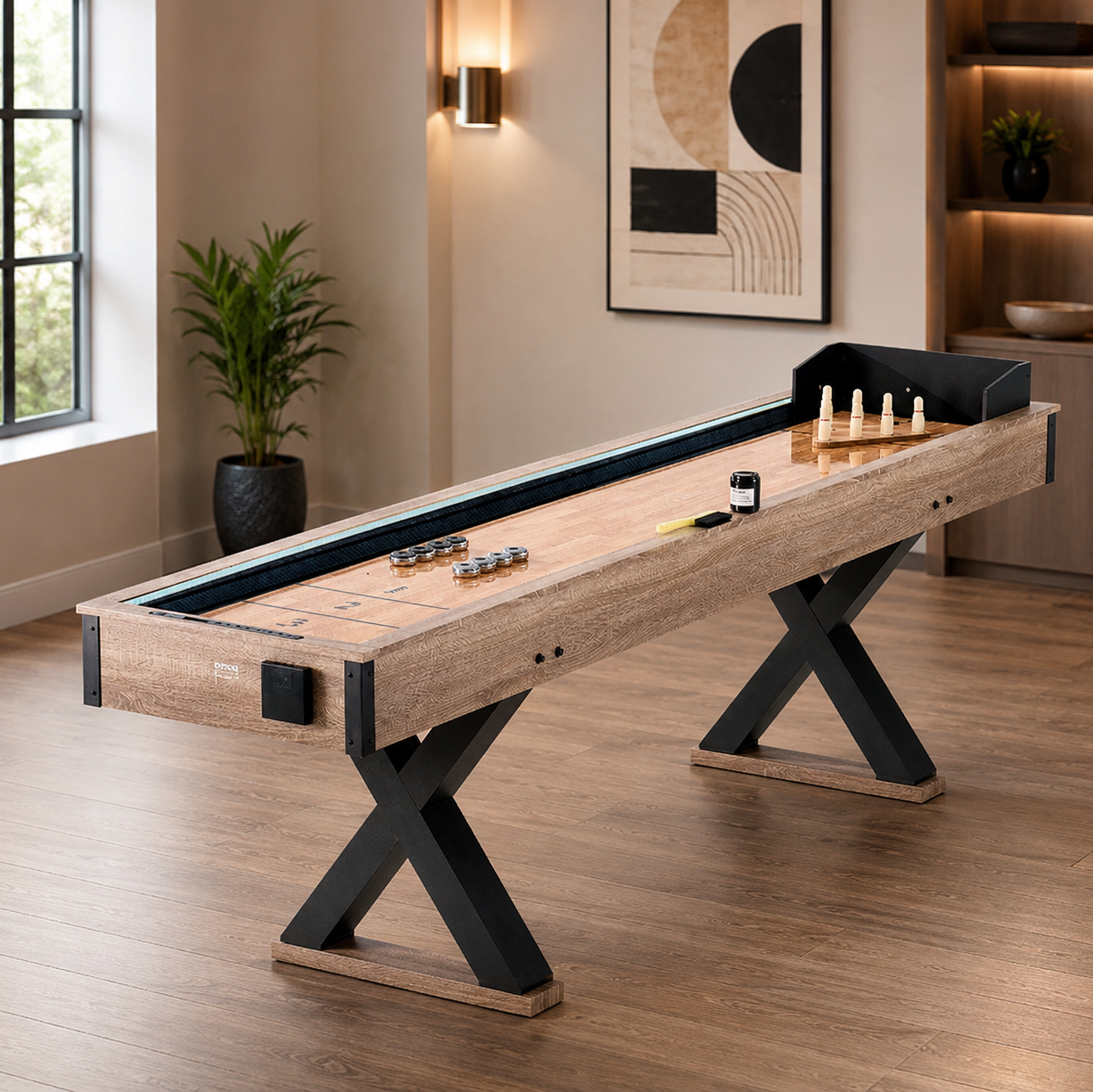 9 Ft LED Shuffleboard Table – 2-in-1 Shuffleboard & Bowling Set