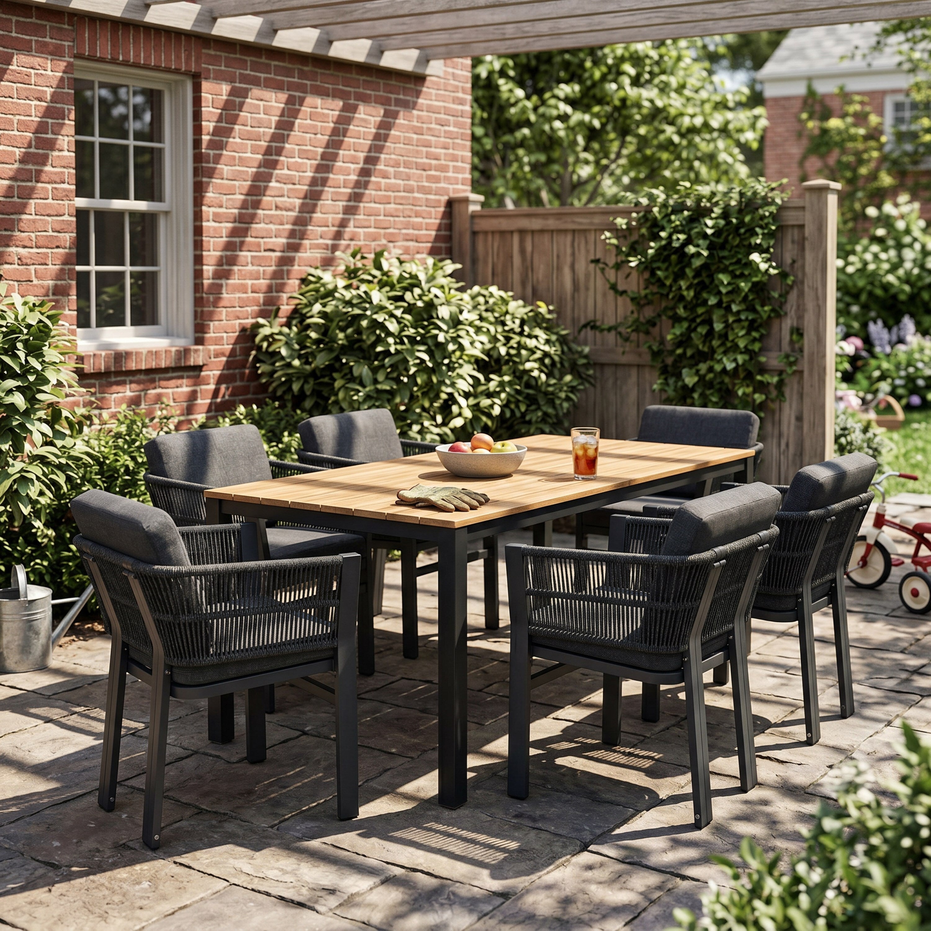 Outdoor patio set with wooden table and black chairs on a stone patio.