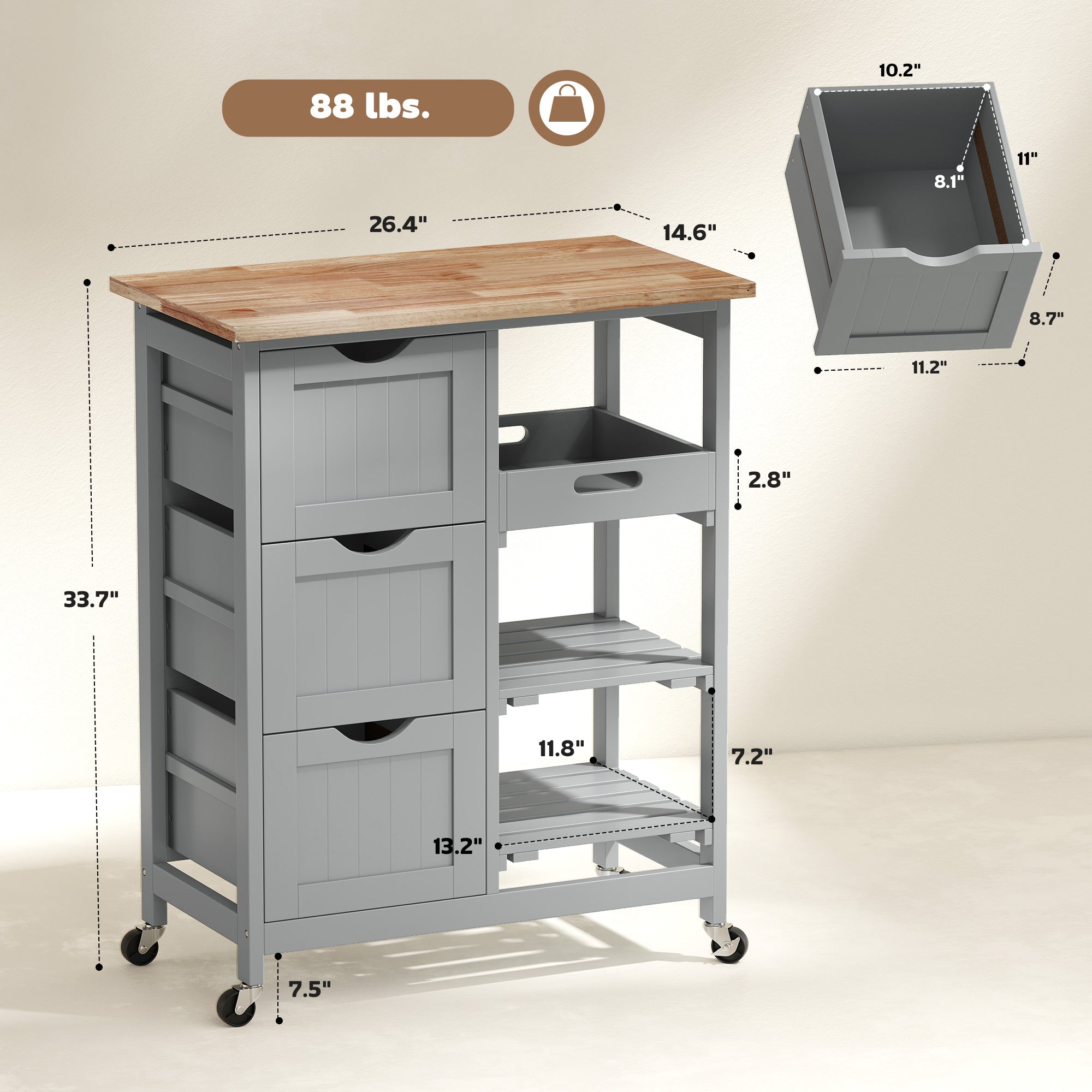 Gray kitchen island cart with wooden top and measurements on a beige background