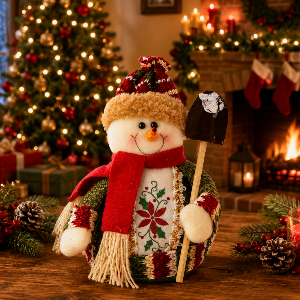 Decorative Christmas gnome holding a 'Let It Snow' sign in a festive setting with a tree, fireplace, and candles.