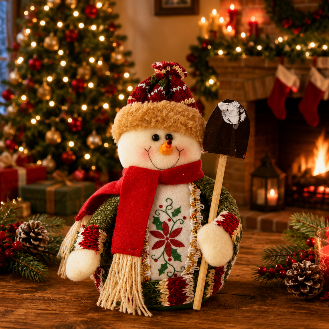 Decorative Christmas gnome holding a 'Let It Snow' sign in a festive setting with a tree, fireplace, and candles.