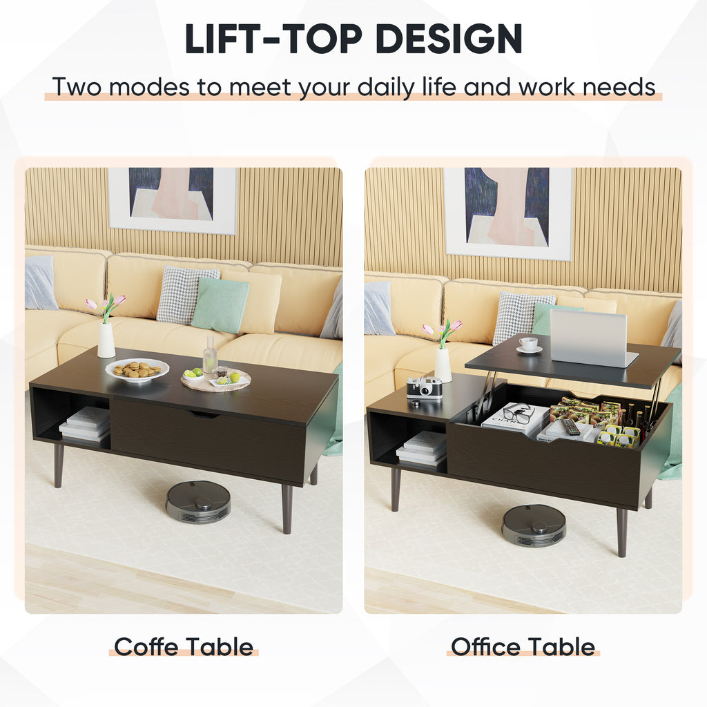 Lift-top coffee table transforming into an office table with two modes shown.