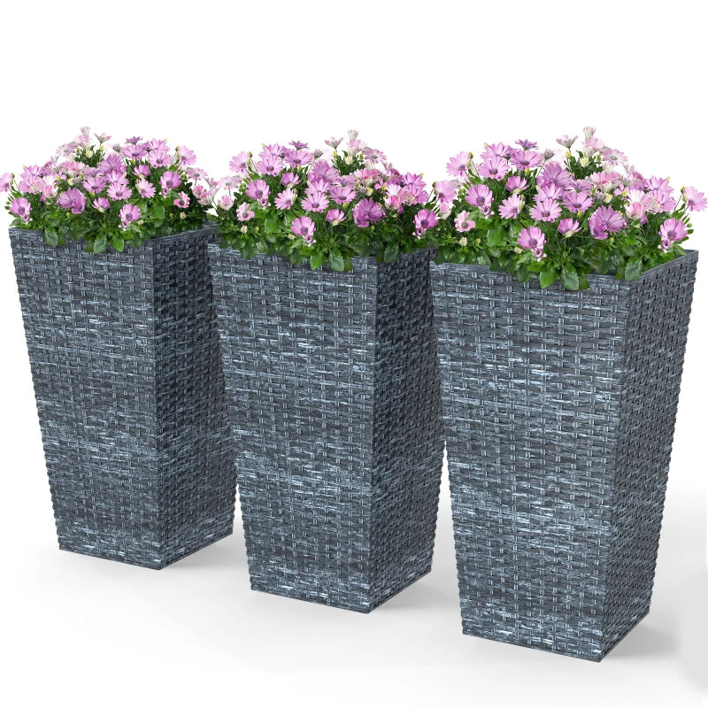 Set of 3 Tall Outdoor Planters | 24" Rattan-Style Tapered Plant Pots with Drainage – Gray