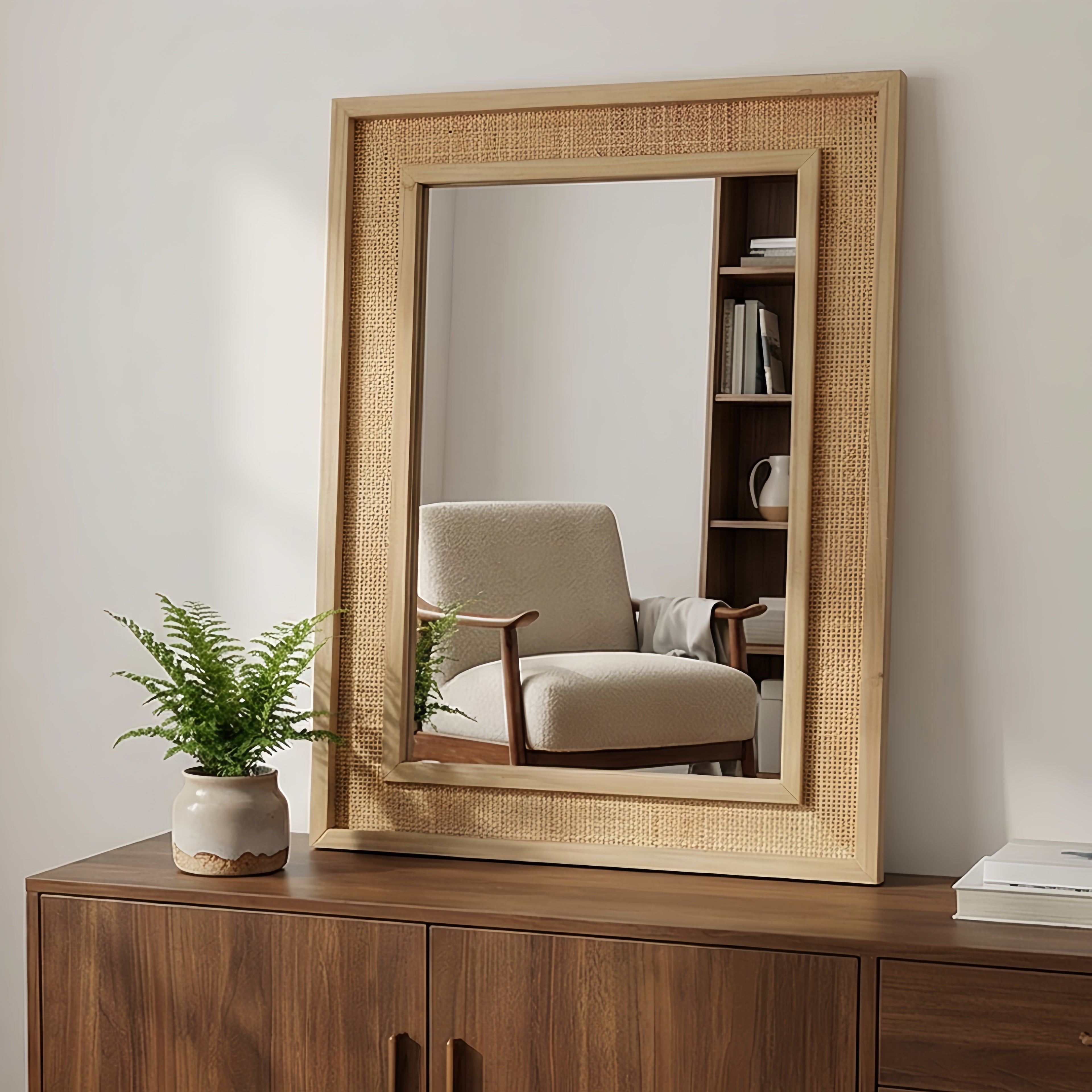 Rectangular mirror with wicker frame on a wooden dresser, reflecting an armchair and bookshelf.