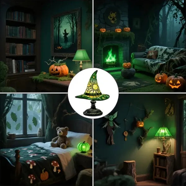 Halloween-themed room decor with a green lamp in the center.