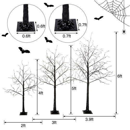 Illustration of Halloween-themed decorative trees with measurements and spider web details.