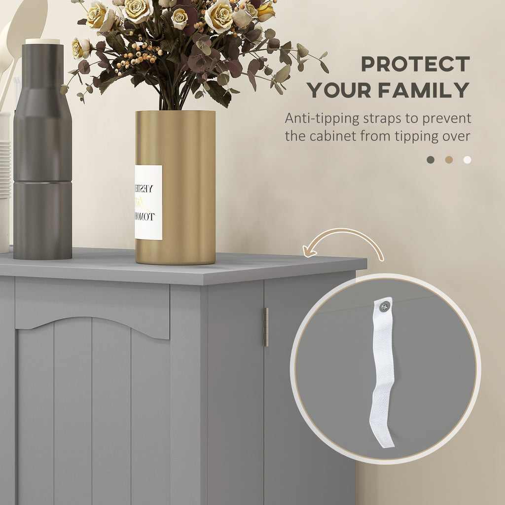 Gray cabinet with a vase of flowers and a water bottle, featuring text about anti-tipping straps.