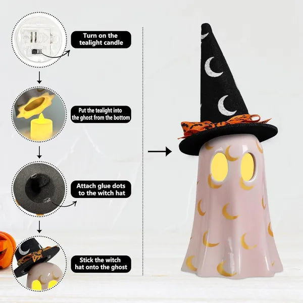 Halloween-themed ghost decoration with witch hat and candle instructions on a white background