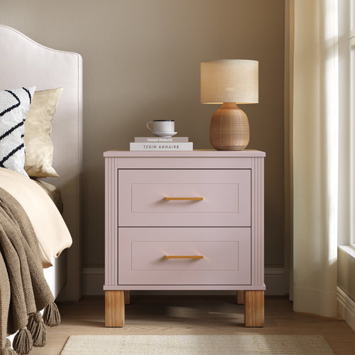 2-Drawer Mid-Century Nightstand with Fluted Design & Solid Wood Legs – Pink