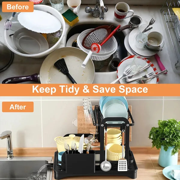 Before and after comparison of a kitchen sink with dirty dishes and a clean dish rack.