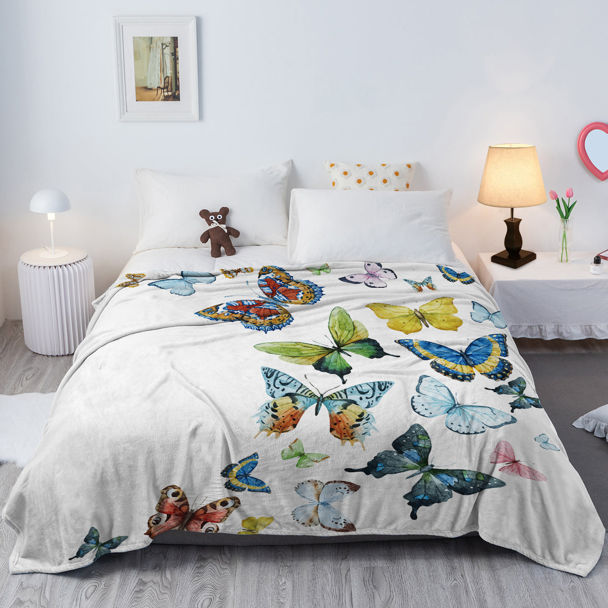 Reversible Sherpa Throw Blanket — Colorful Butterfly Print | All-Season Flannel Fleece