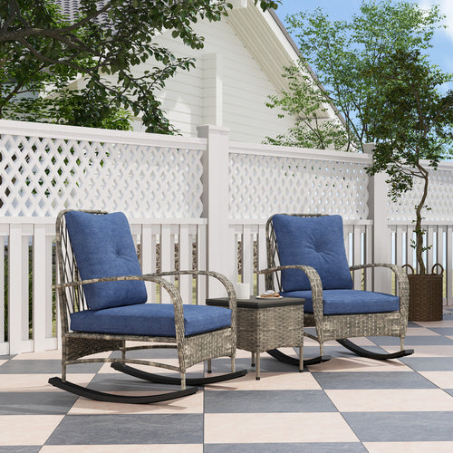 3-Piece PE Rattan Patio Furniture Set – Rocking Chairs & Coffee Table with Cushions, Gray