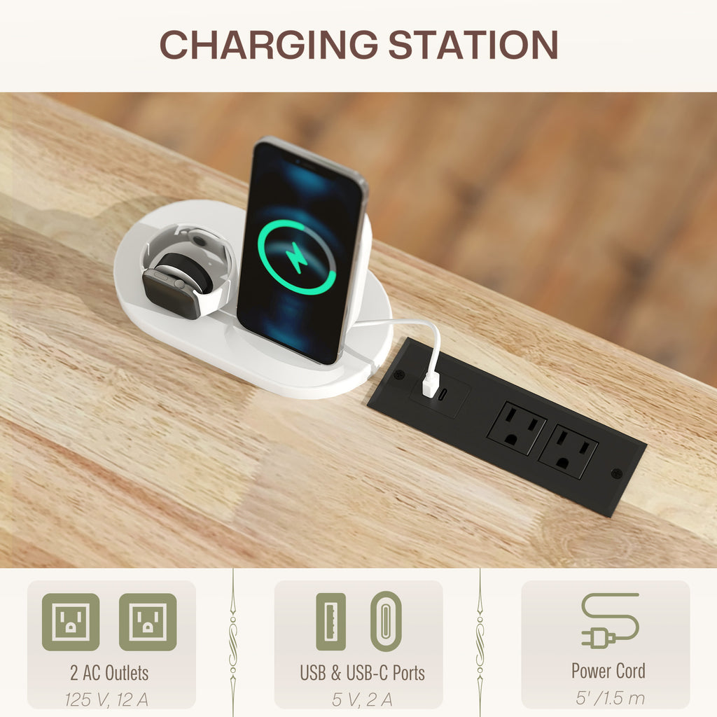 Charging station with phone, tablet, and power outlets on a wooden surface
