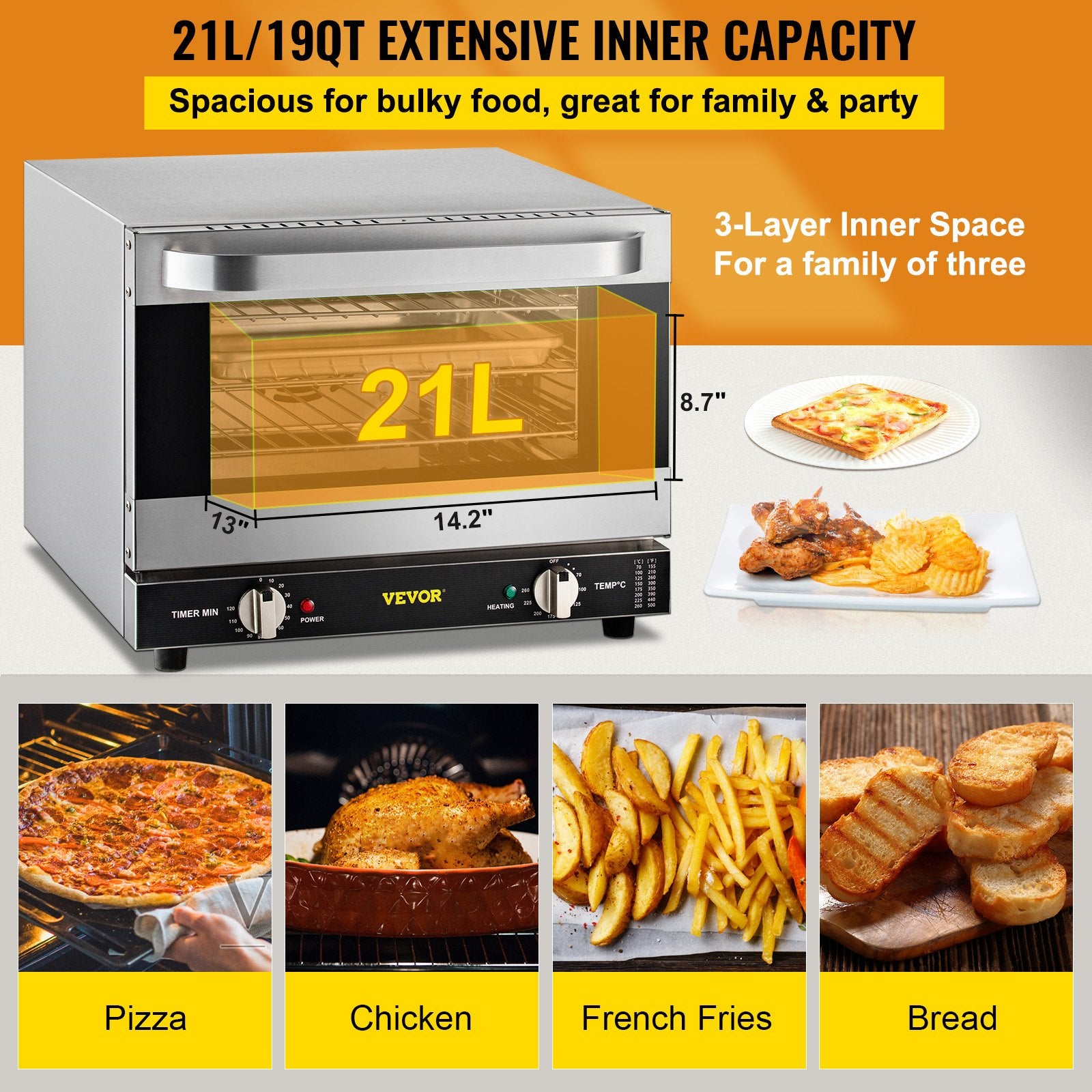 Commercial Countertop Convection Oven – 21L / 19Qt, 1440W, 3-Tier, ETL Listed | Silver