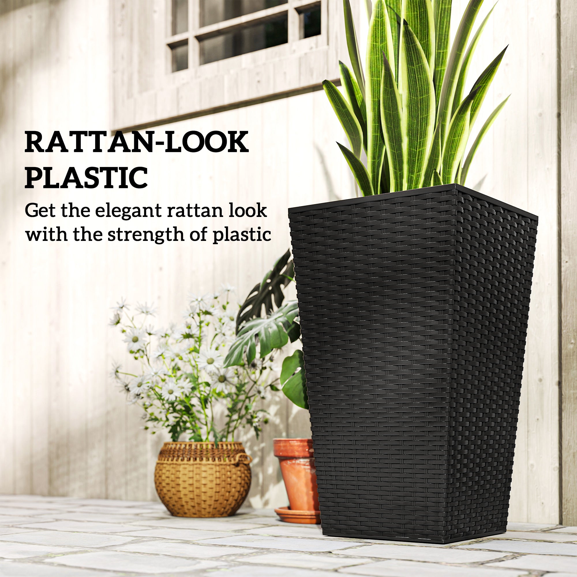 Set of 3 Tall Outdoor Planters | 24" Rattan-Style Tapered Plant Pots with Drainage – Black