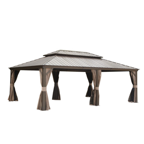 14x22 FT Hardtop Gazebo with Galvanized Steel Double Roof & Aluminum Frame – Brown