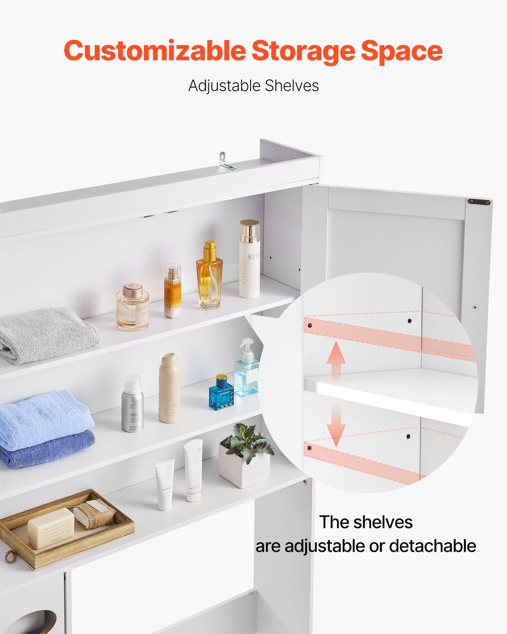 White storage unit with adjustable shelves displaying various items.