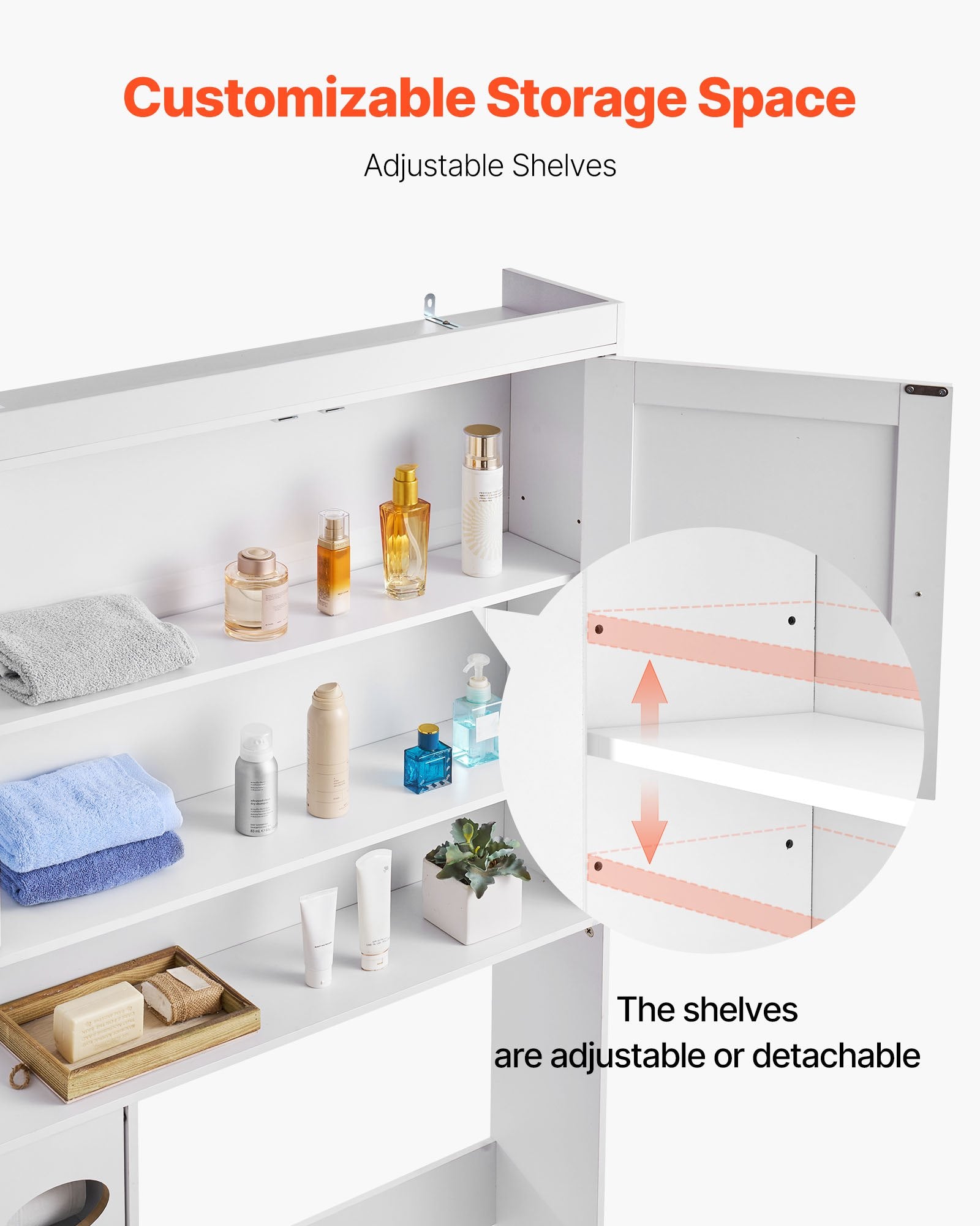 White storage unit with adjustable shelves displaying various items.