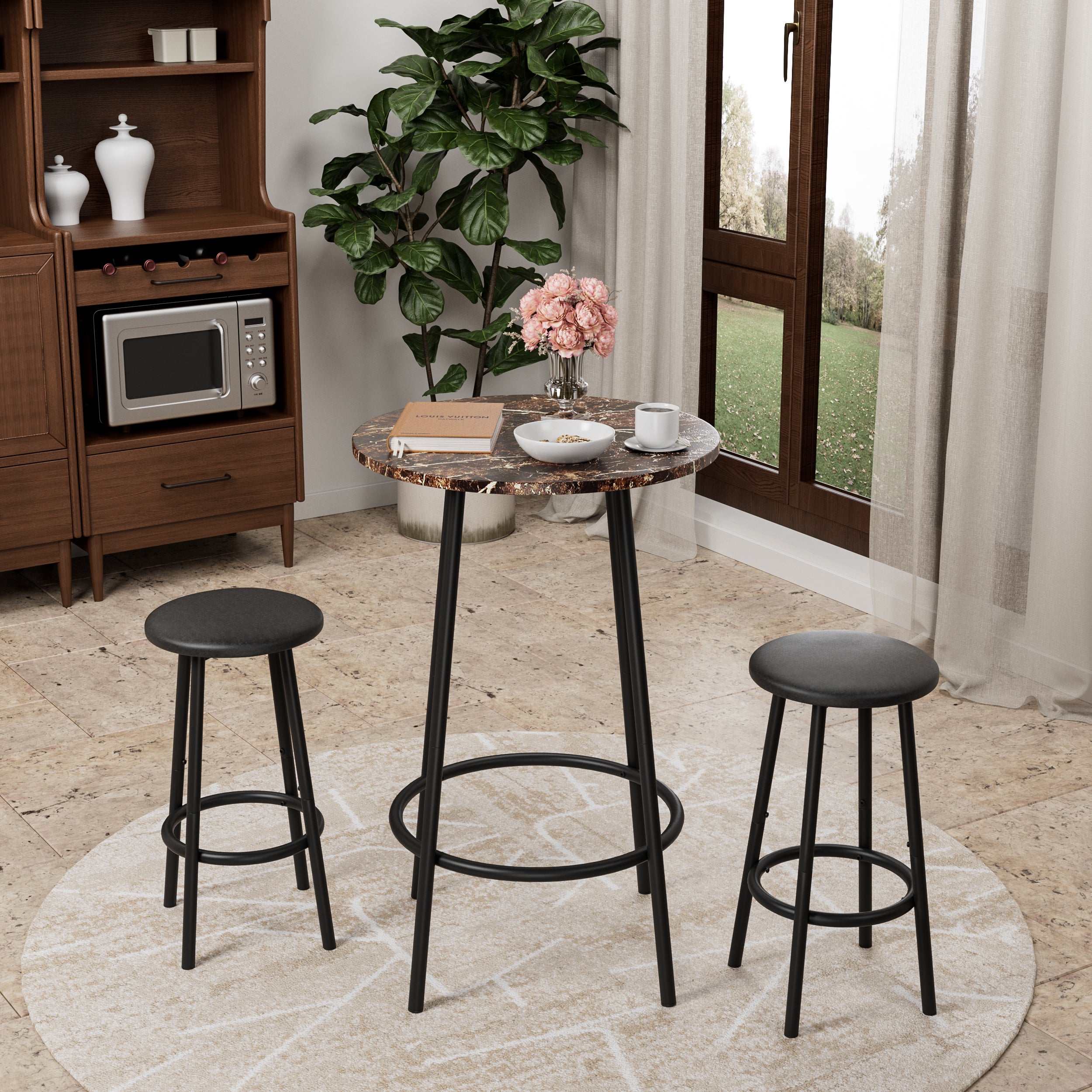 3-piece counter-height pub set with marble-look round table and two black cushioned stools in a bright living space