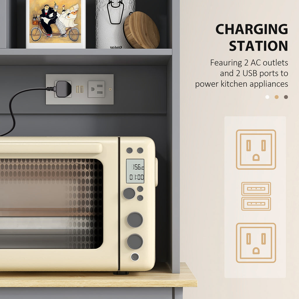Charging station with 2 AC outlets and 2 USB ports next to a microwave oven.