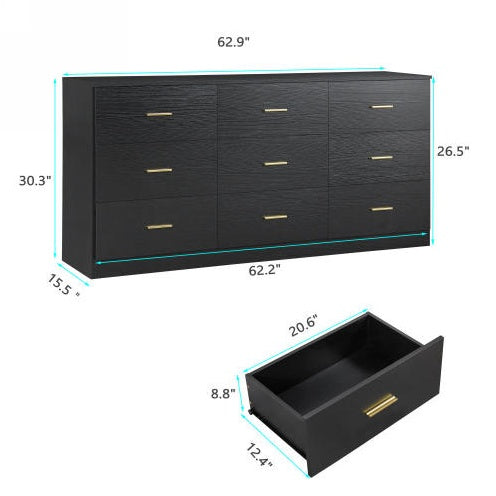 Black dresser with dimensions labeled on a white background