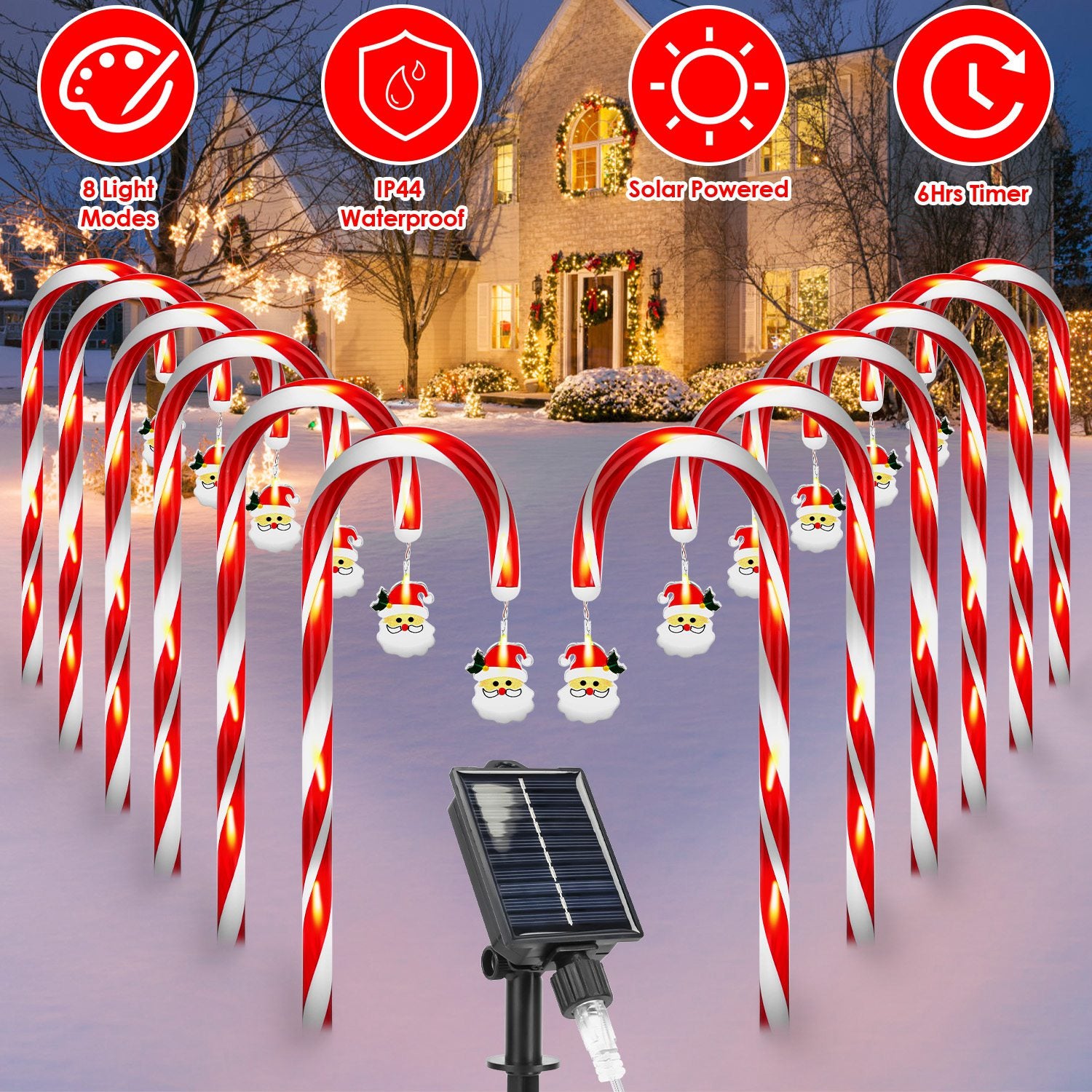 Solar Christmas Candy Cane Pathway Lights – 12 Candy Stakes, 72 LEDs | 8 Modes | IP44
