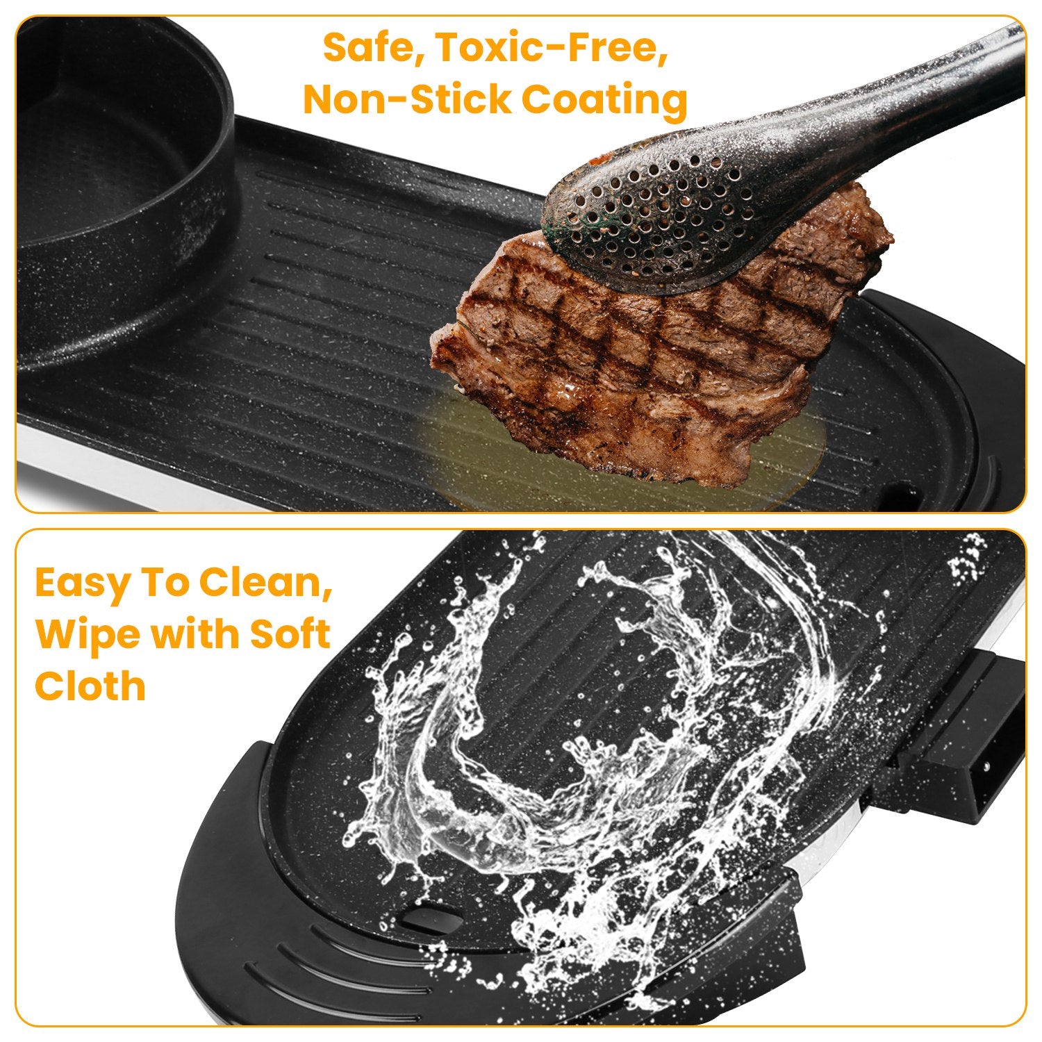 Non-stick frying pan with a cooked steak and water splashes, highlighting safety and ease of cleaning.