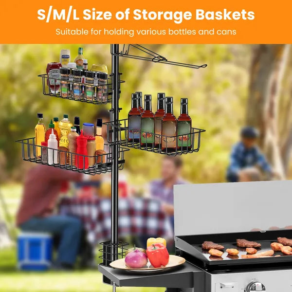 Multi-tiered metal storage basket system with bottles and food items, set against a blurred outdoor background.