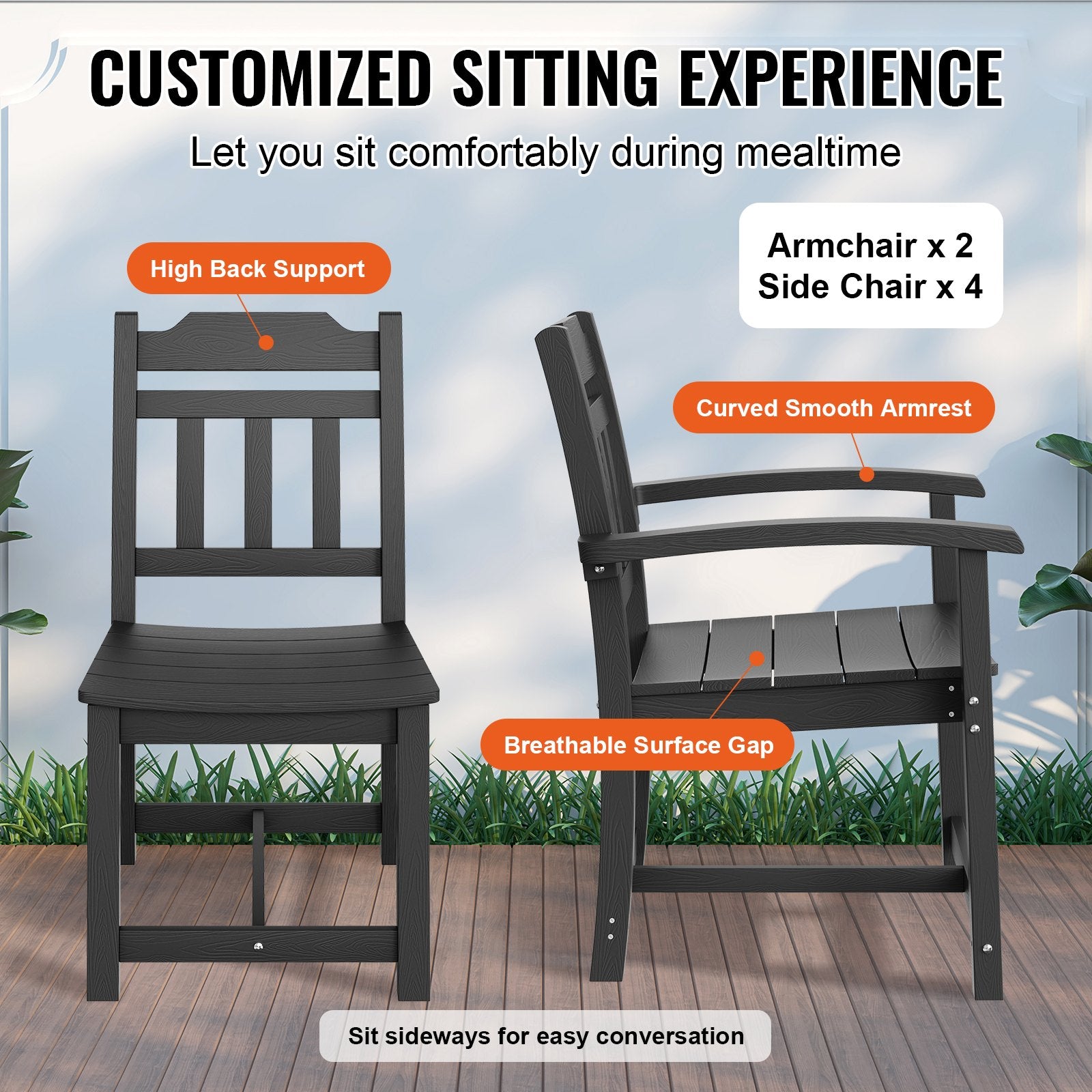 Two chairs with features highlighted on a wooden deck background