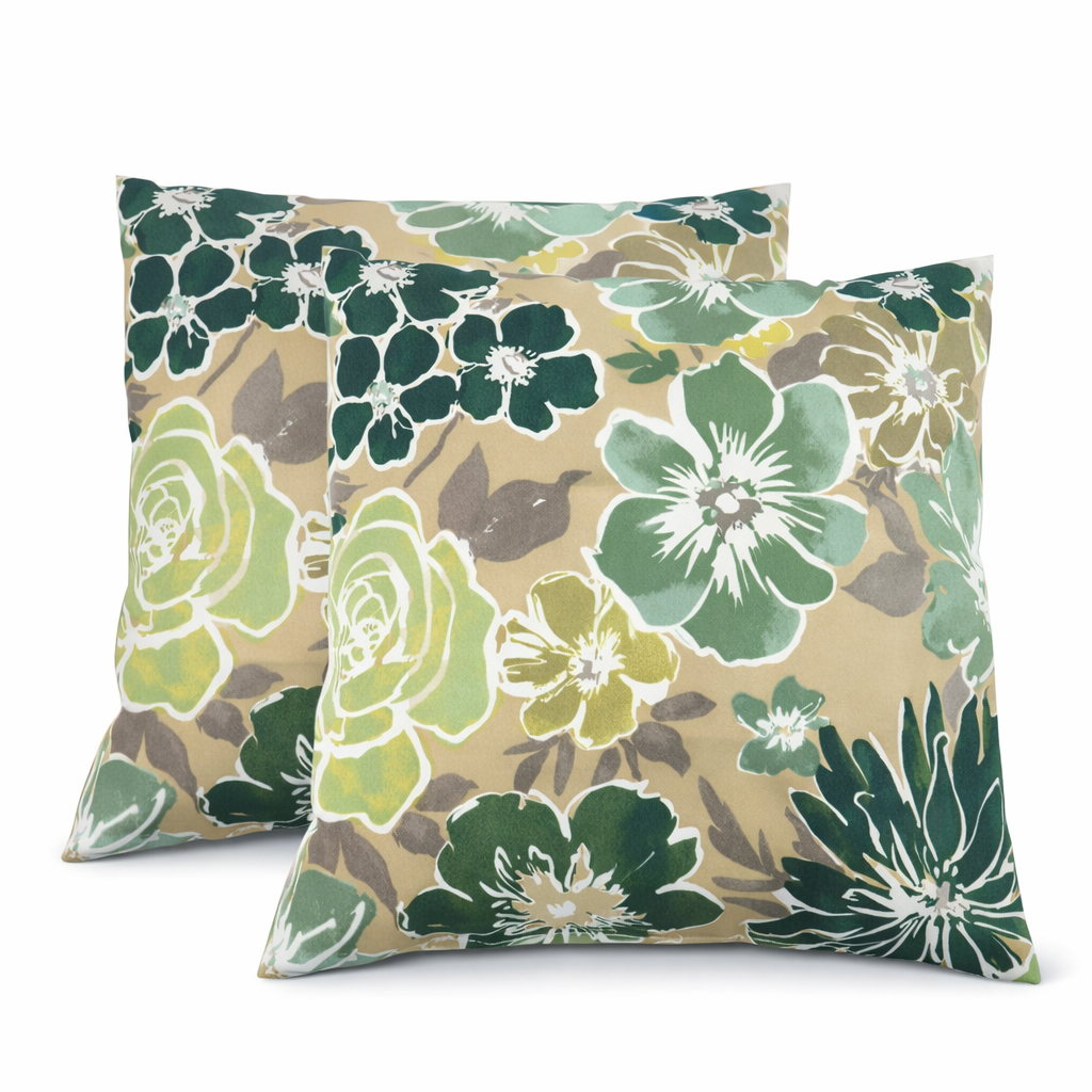 Floral patterned pillows on a white background