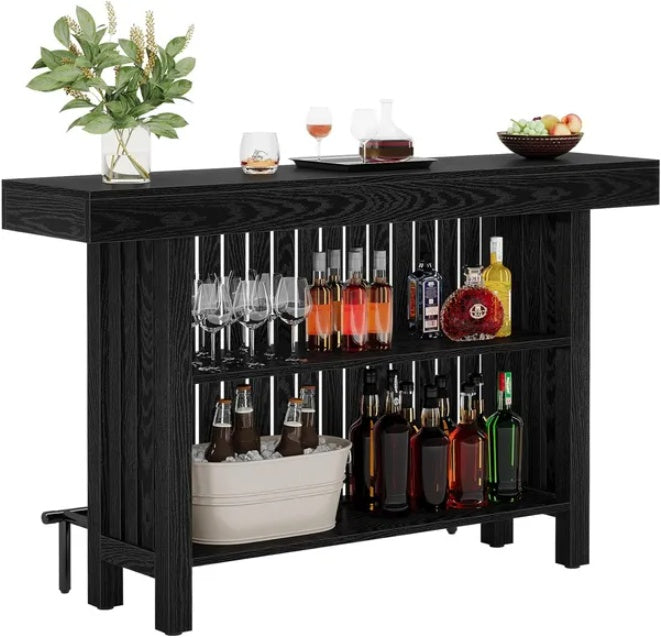 Black slatted wood bar console, 62.99 inches wide and 41.53 inches tall, with lower shelf and footrest rail