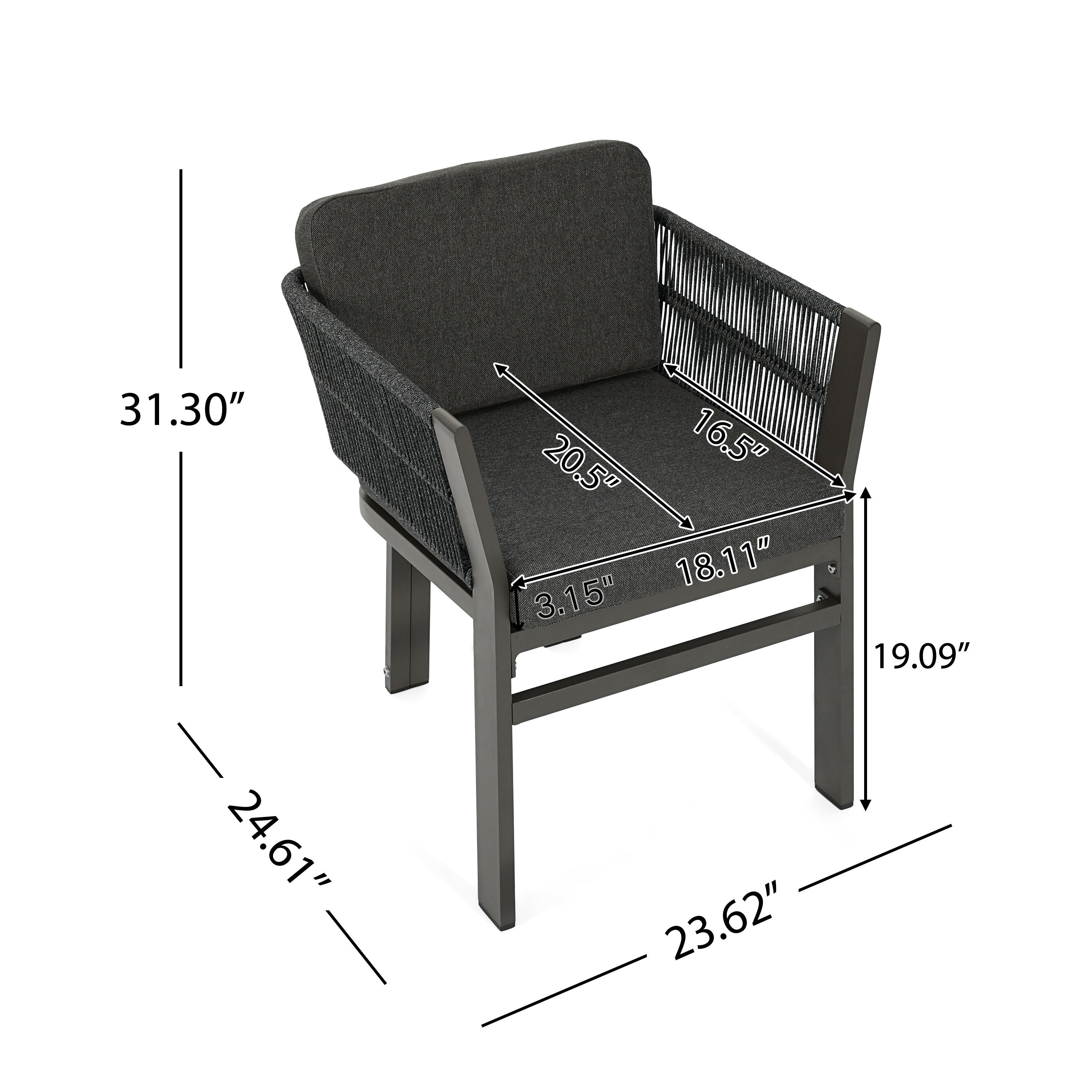 Black chair with measurements on a white background