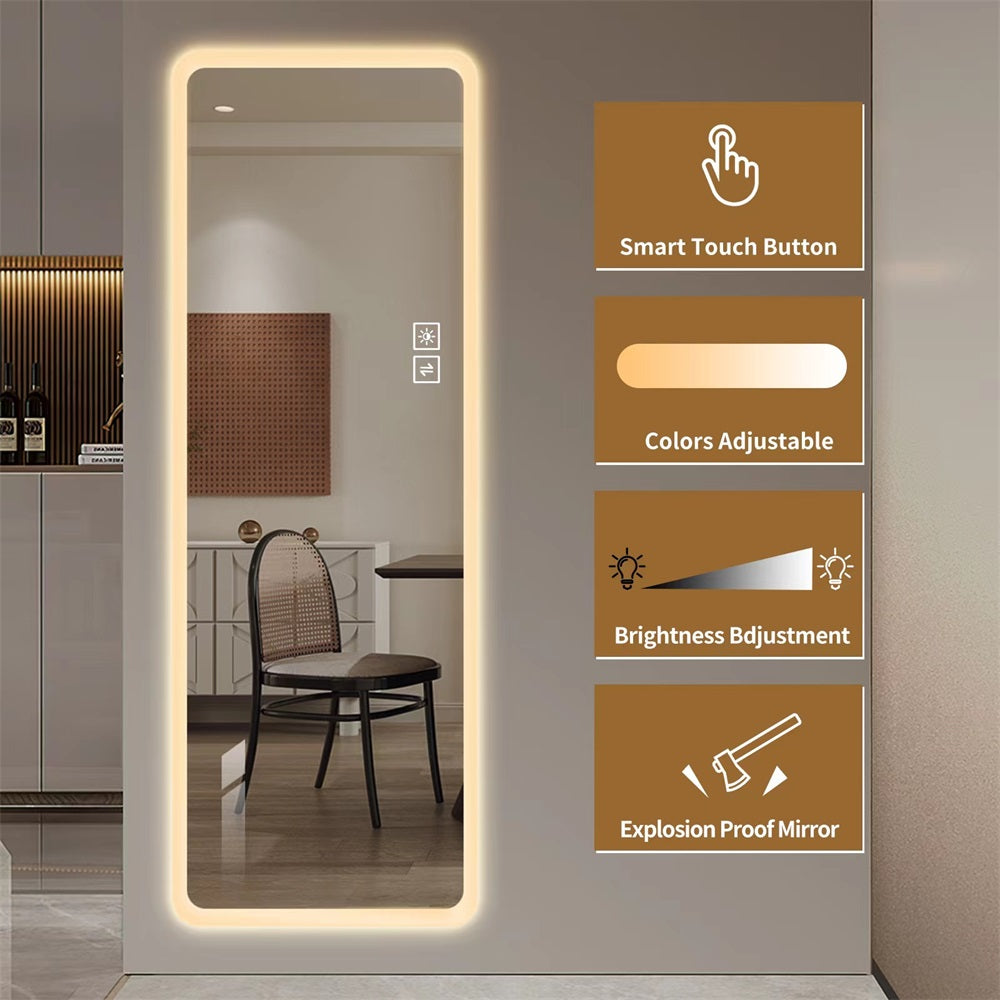 LED Full Length Mirror 65x21" — Wall Mounted, Dimmable, Rounded Corners | Rimless
