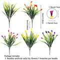 Artificial calla lily flowers with measurements and packaging details on a white background