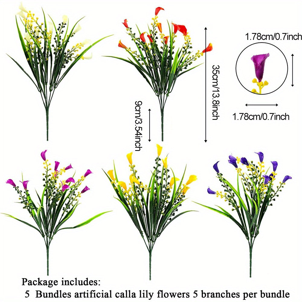 Artificial calla lily flowers with measurements and packaging details on a white background