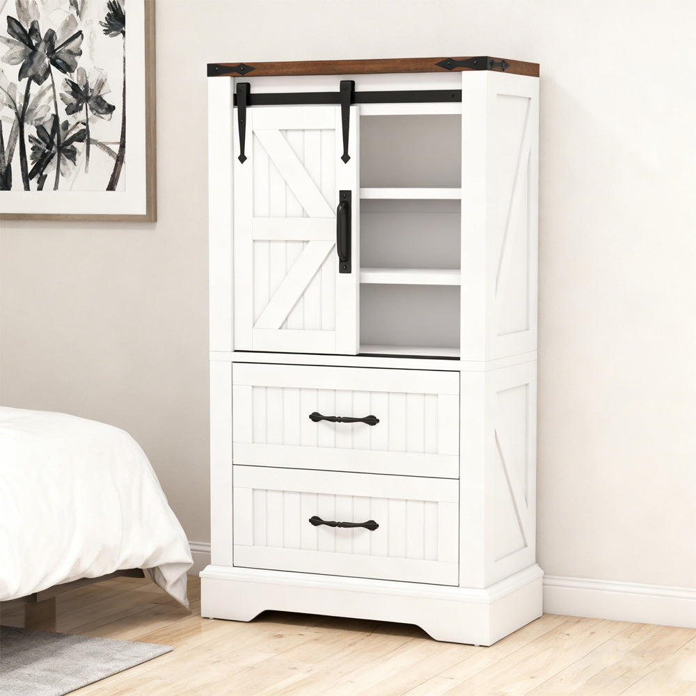 White storage cabinet with sliding door in a bedroom setting