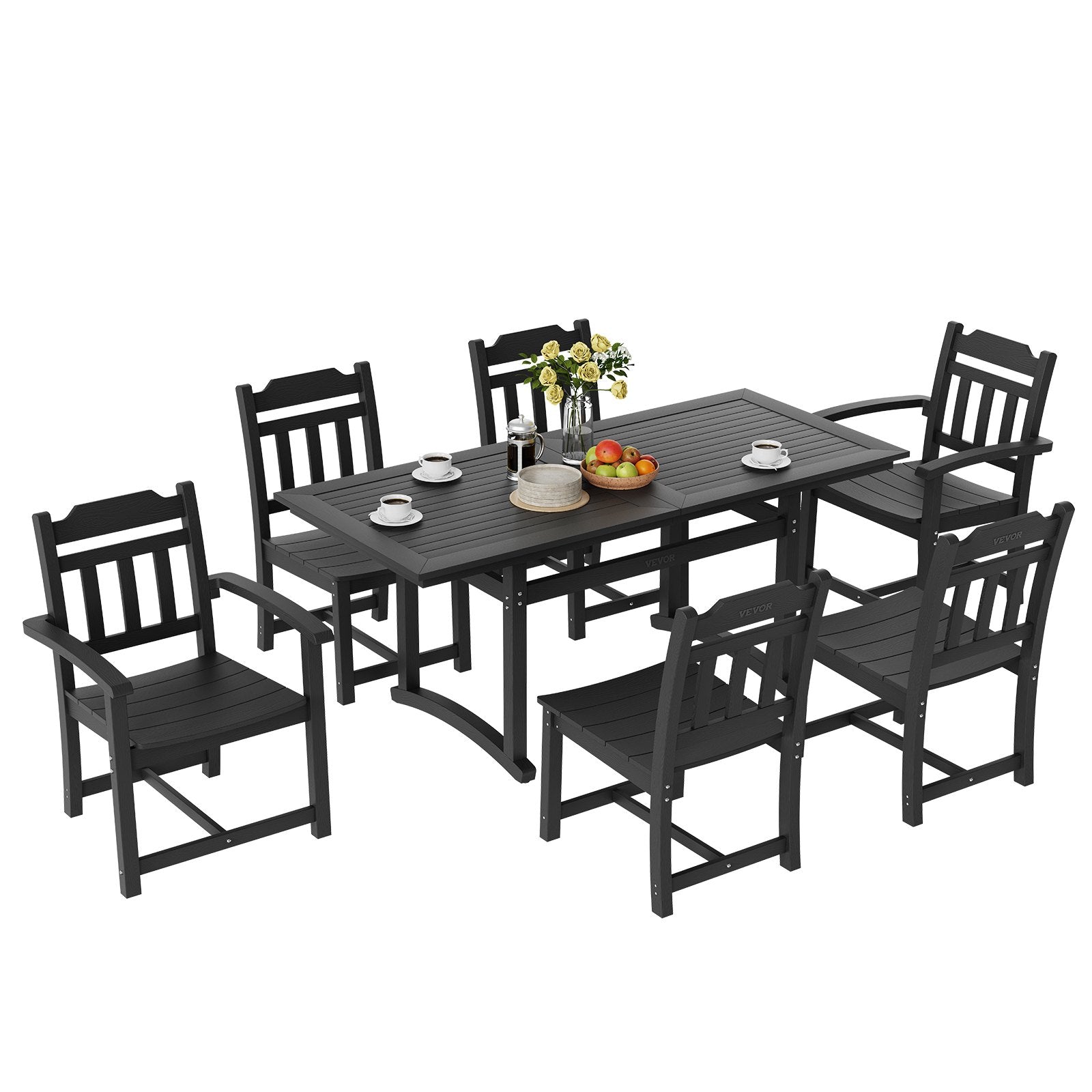 Black outdoor dining set with table and chairs on a white background