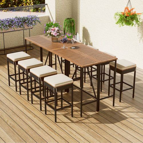 10-Piece Outdoor Bar-Height Bistro Set – Foldable Acacia Wood Table & 8 Cushioned PE Rattan Stools, Seats 8, Brown