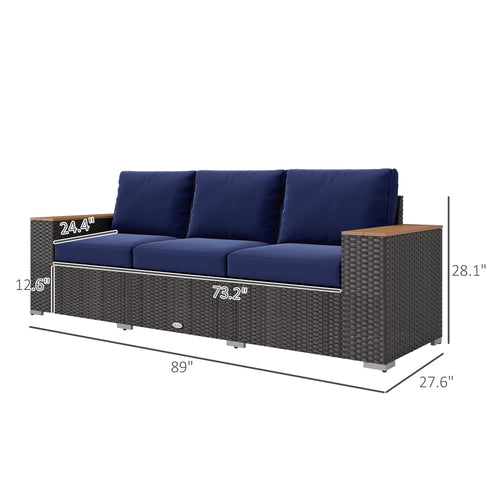3-Seat PE Rattan Outdoor Sofa – Extra-Wide Deep Seating, 4" Cushions, Navy Blue