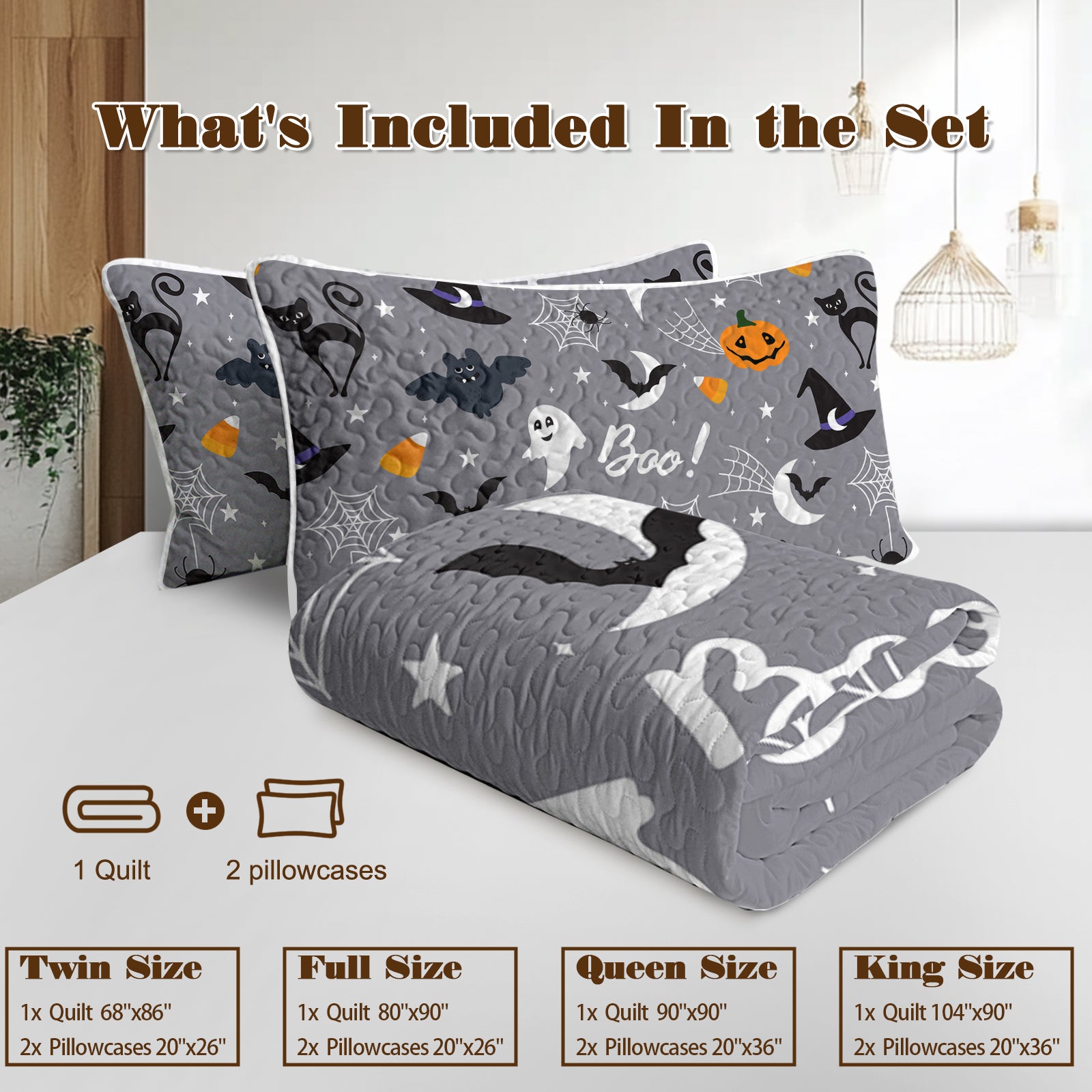 Halloween-themed quilt and pillowcases set on a bed with product size information displayed.