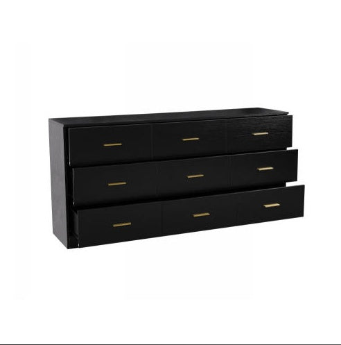 Black dresser with four drawers on a white background