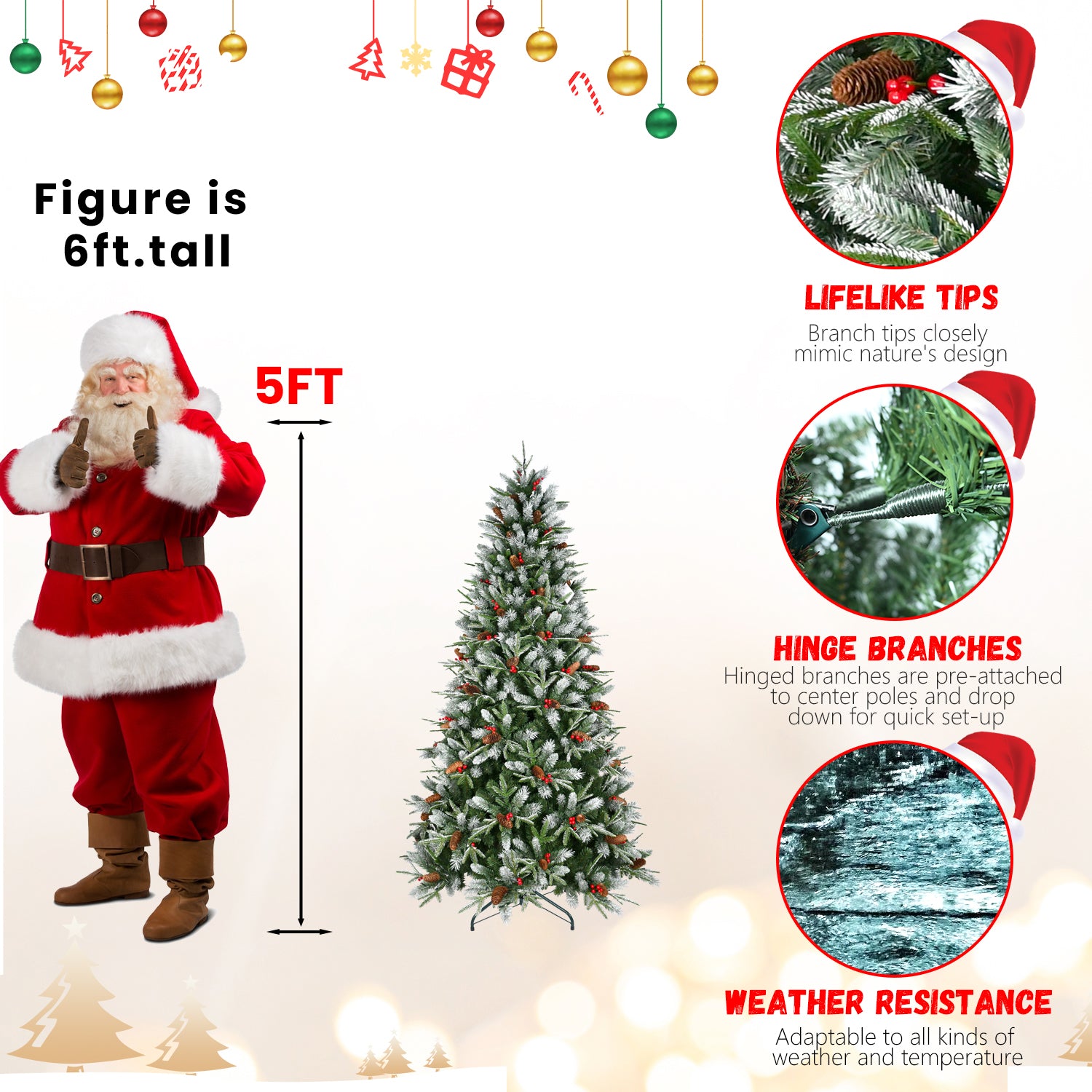 PE/PVC Christmas Tree with Red Berries & Pine Cones – 4ft to 9ft | Realistic Holiday Tree