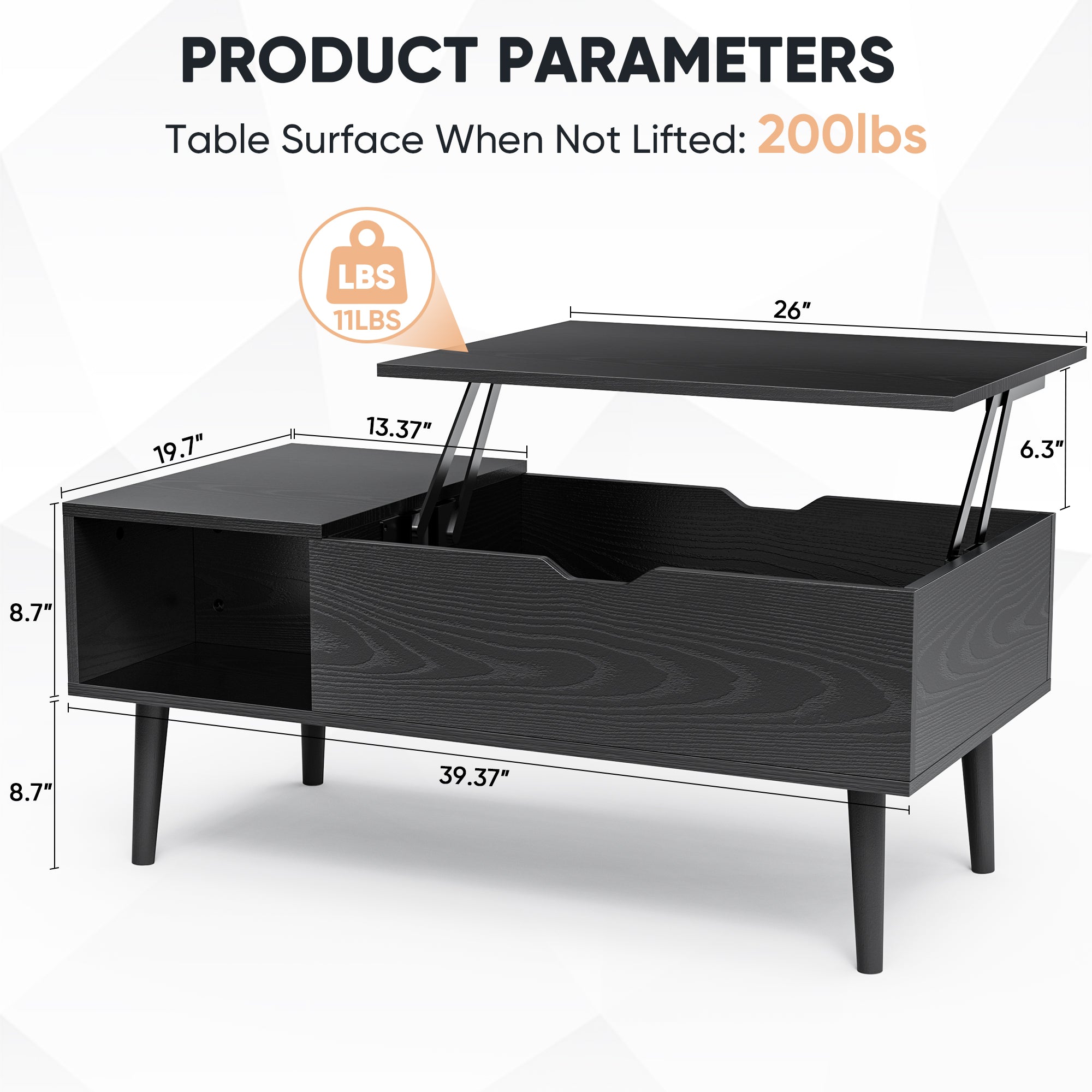 Black lift-top coffee table with dimensions and weight capacity on a white background